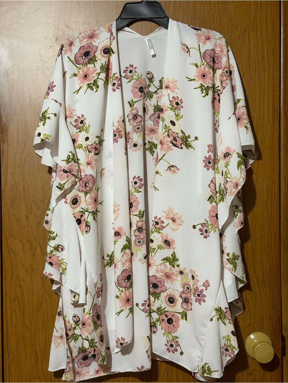 White Floral Draped Kimono Cardigan with Pink Blossoms